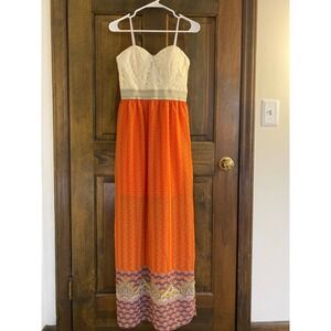 City Triangles Orange Paisley Lace Bodice Maxi Dress NWT Size Medium Boho